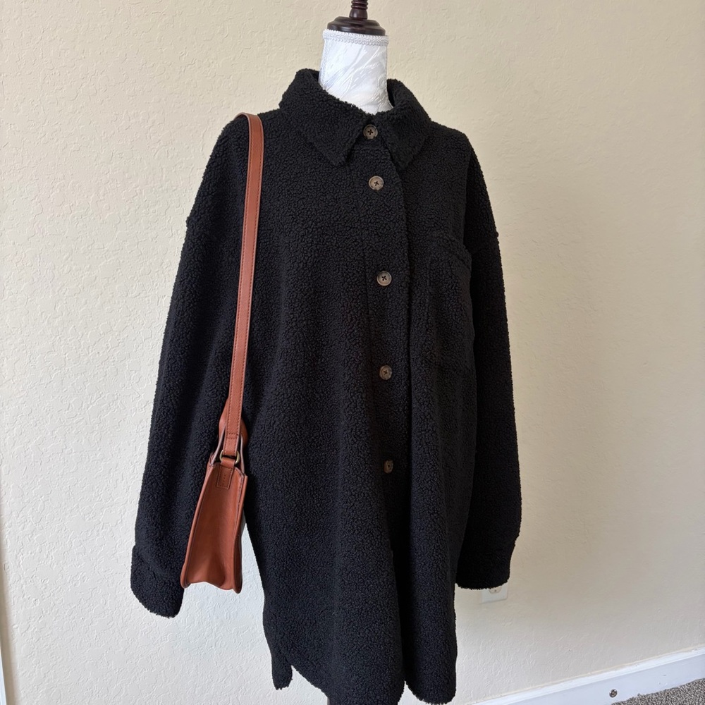 NWT Lucky‎ Brand Black Teddy Shacket Faux Shearling Jacket XL Cozy Minimalist